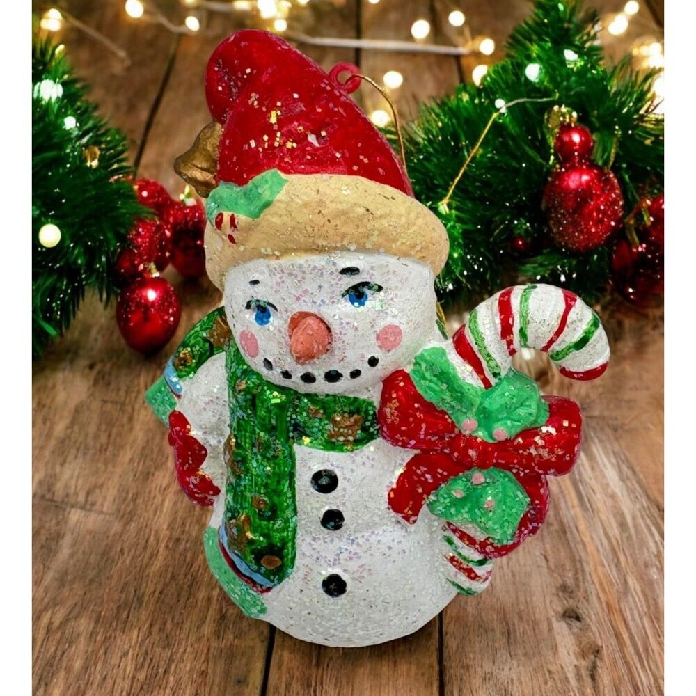 Vintage Glittery Snowman Christmas Tree Ornament with Candy Cane Green Scarf
